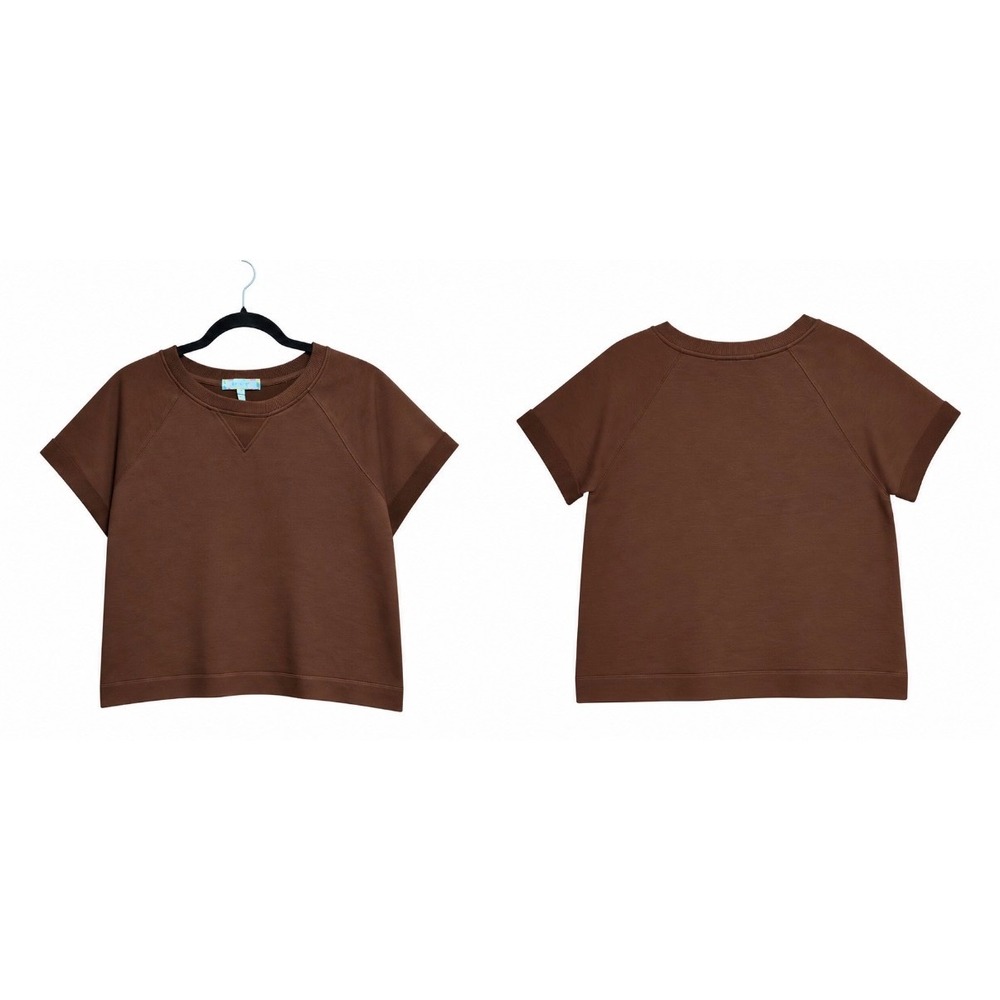 Anthropologie eri + ali Ivory Brown Badgley Short Sleeve Boxy Sweatshirt MEDIUM
